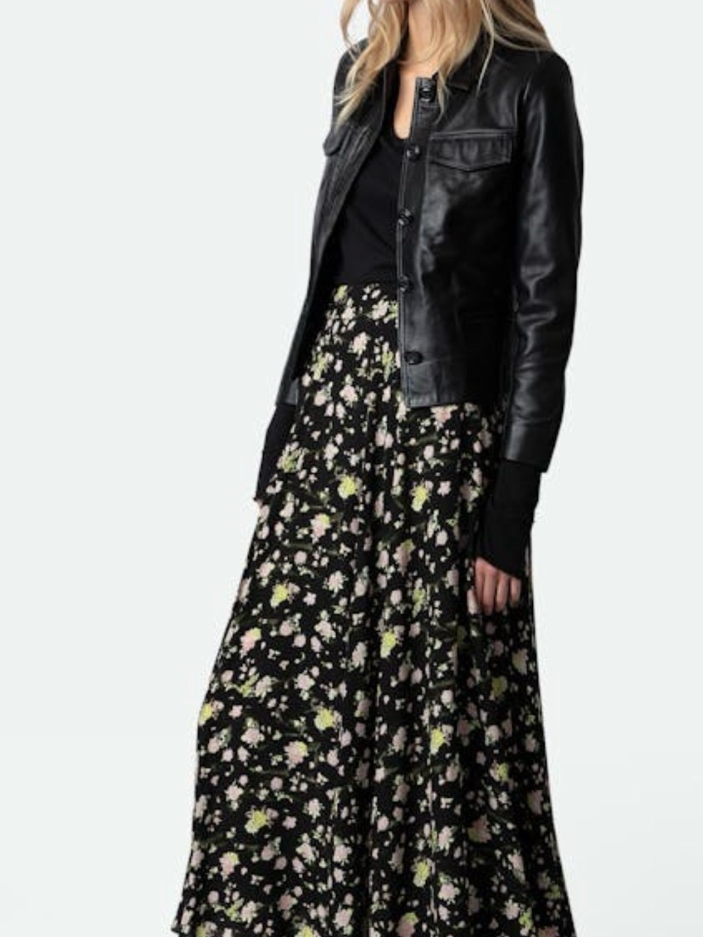 Zadig & Voltaire Black Maxi Skirt with Pink and Green Floral Print
